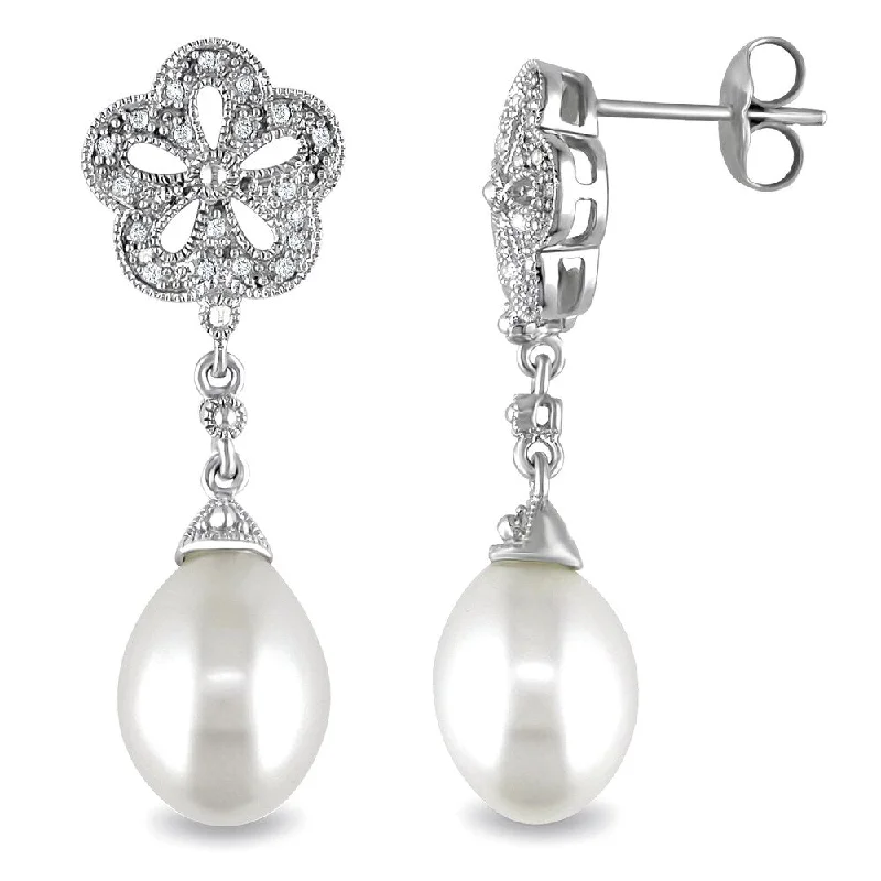 Hoop earrings with dangling charms for a playful and fun look-Miadora Sterling Silver Freshwater White Pearl and Diamond Accent Earrings (9.5-10 mm)