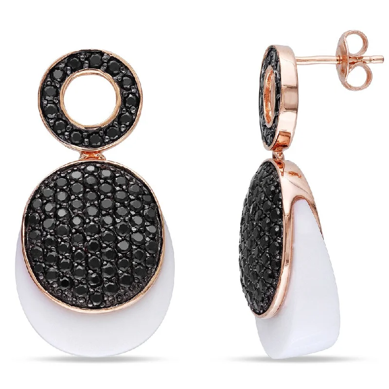 Best hoop earrings with tribal designs for a cultural and exotic aesthetic-Miadora Synthetic White Agate Black Cubic Zirconia Dangle Earrings in Rose Plated Sterling Silver