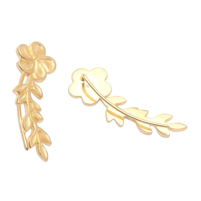 Best hoop earrings with delicate chain details for a trendy and stylish design-Novica Handmade Climbing Blossoms Gold-Plated Ear Climber Earrings