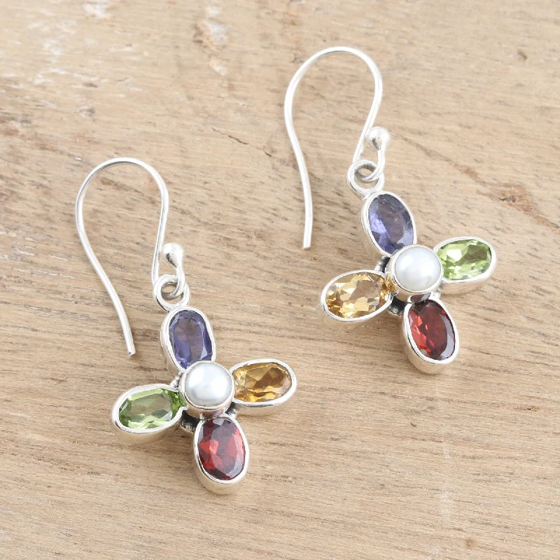 Best hoop earrings with delicate chain details for a trendy and stylish design-Novica Handmade Colorful Floral Dream Multi-Gemstone Dangle Earrings