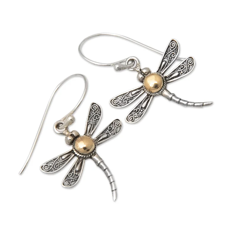 Hoop earrings with oversized pearl accents for a statement-making look-Novica Handmade Dragonflys Spell Gold-Accented Sterling Silver Dangle Earrings