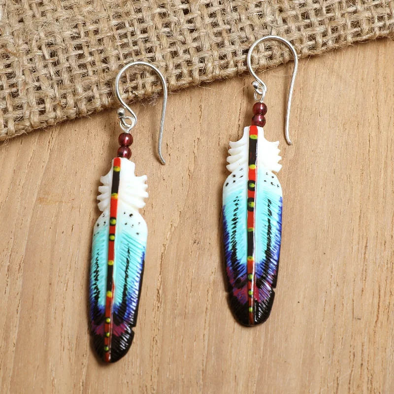 Hoop earrings with hammered copper for a warm and rustic aesthetic-Novica Handmade Intuition Feathers Garnet Beaded Dangle Earrings