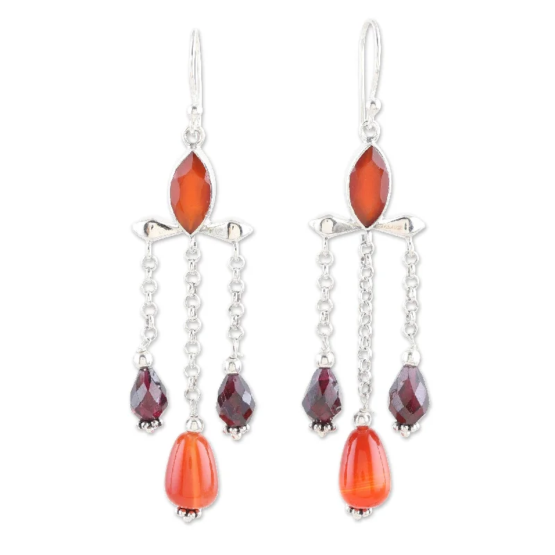 Hoop earrings with polished silver finish for a shiny, modern appeal-Novica Handmade Passion Drops Carnelian And Garnet Waterfall Earrings