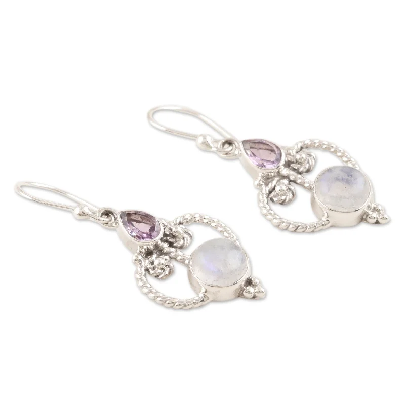 Classic hoop earrings with a thin profile for a sleek and subtle style-Novica Handmade Purple Mansion Amethyst And Rainbow Moonstone Dangle Earrings