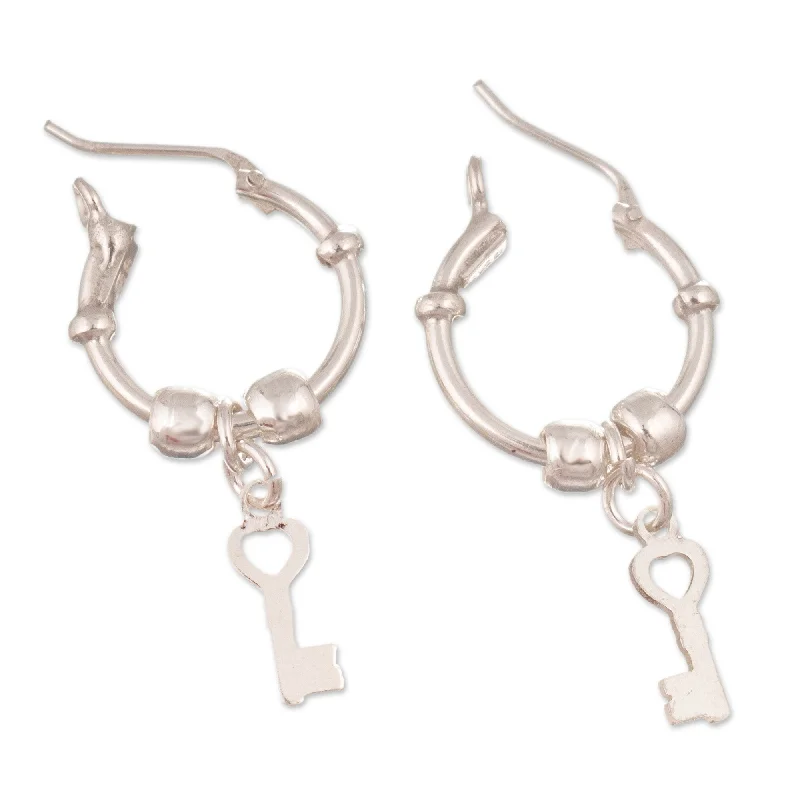 Hoop earrings with rhinestone-studded rims for a glamorous touch-Novica Handmade Secret Key Sterling Silver Hoop Earrings