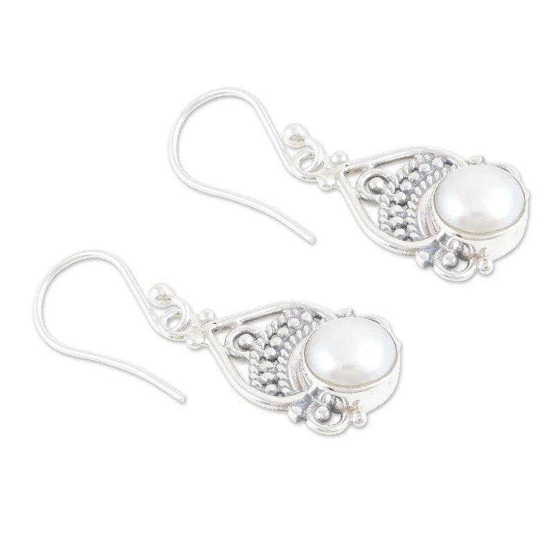 Hoop earrings with abstract wirework for an artistic, unique look-Novica Handmade Touch Of Glam Cultured Pearl Dangle Earrings