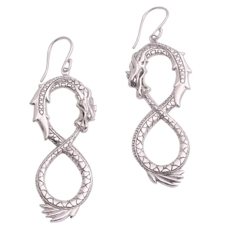 Best hoop earrings with crescent-shaped designs for a bold, moon-inspired style-NOVICA Infinite Dragon, Sterling silver dangle earrings