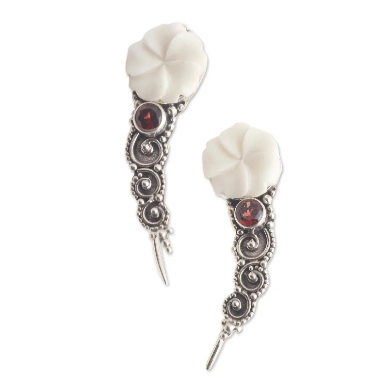 Classic hoop earrings with a thin profile for a sleek and subtle style-NOVICA White Jepun, Garnet ear climber earrings - 0.4*0.3