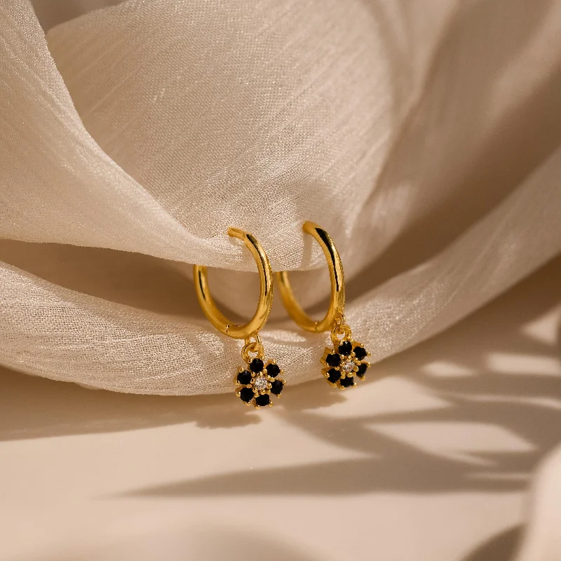 Hoop earrings with crescent moon shapes for a celestial and mystical appearance-Onyx Flower Huggies