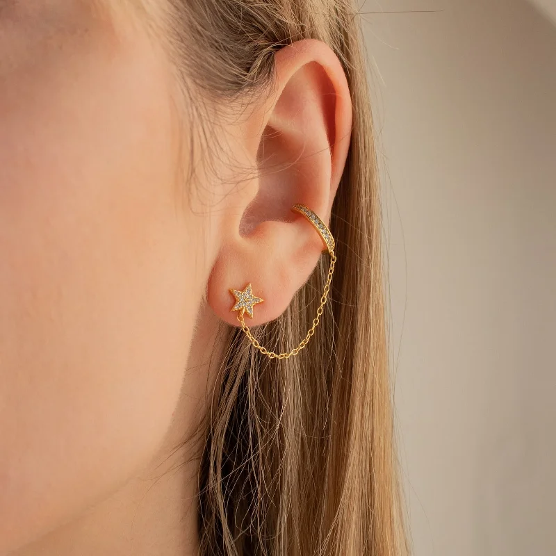 Best hoop earrings with textured silver for a rustic and organic finish-Star Pave Chain Ear Cuffs