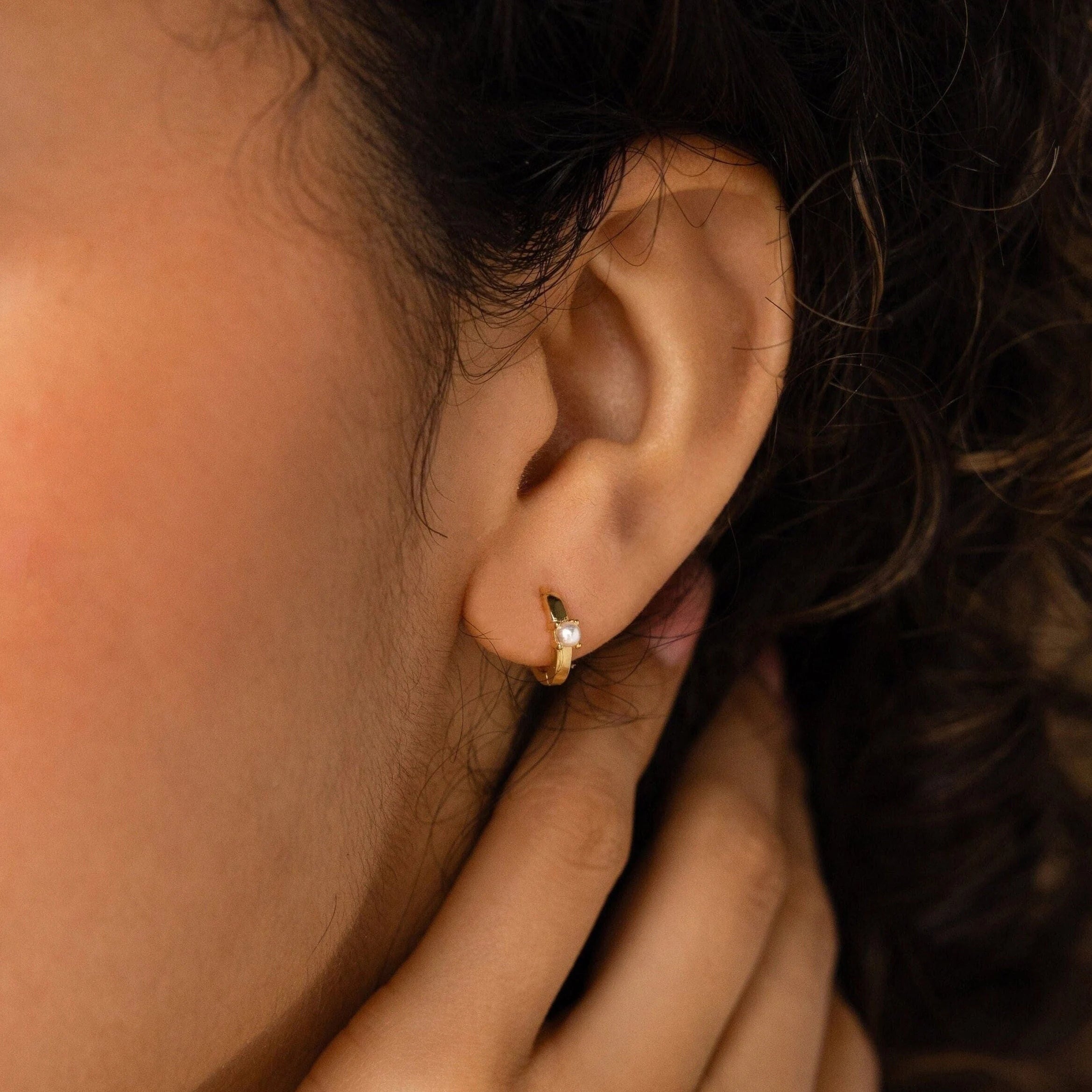 Best hoop earrings with stacked layers for a dimensional and bold look-Tiny Pearl Huggies