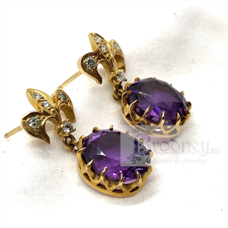 Hoop earrings with removable pendants for a versatile and customizable accessory-Victorian 14Kt Gold Amethyst and Diamond Earrings