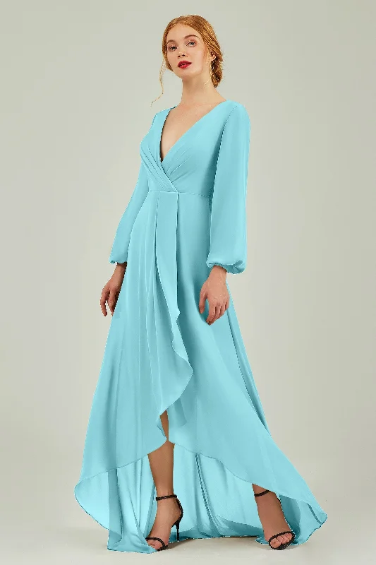 Stunning necklaces and pendants with turquoise and gold for a vibrant, earthy look-Asymmetrical Sweep-Brush Chiffon Bridesmaid Dress Formal Dresses CB0239CR