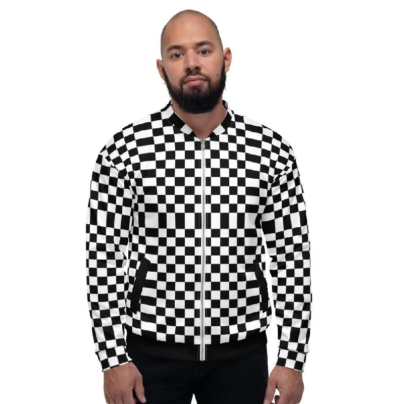 Personalized necklaces and pendants with name engravings for a custom touch-Mens Jacket - Checkered Colorblock Bomber Jacket Black/White