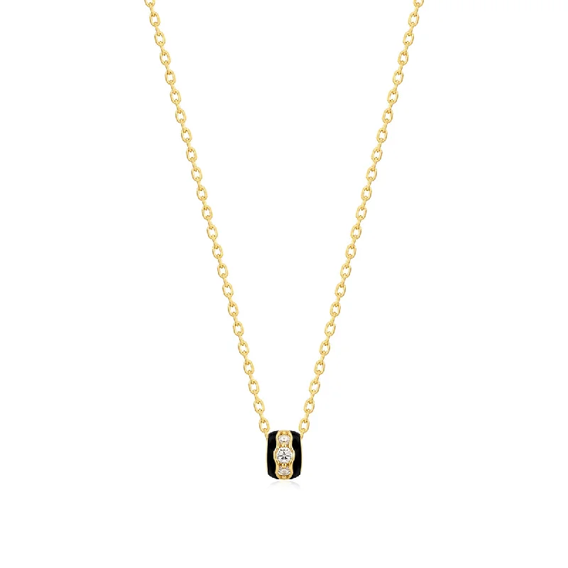 Unique necklaces and pendants with engraved messages for a sentimental gift-Gold Plated Black Enamel & CZ Channel Rondelle Necklace