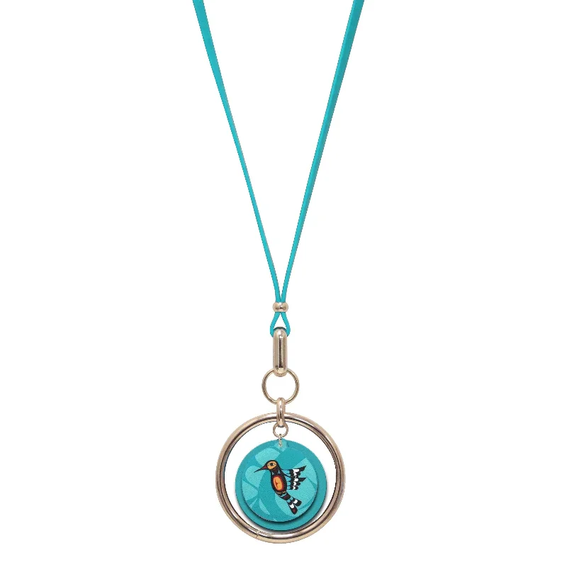 Best necklaces and pendants with floral designs for a feminine and elegant feel-"Hummingbird" Vegan Leather Necklace, design by Indigenous artist, Francis Dick