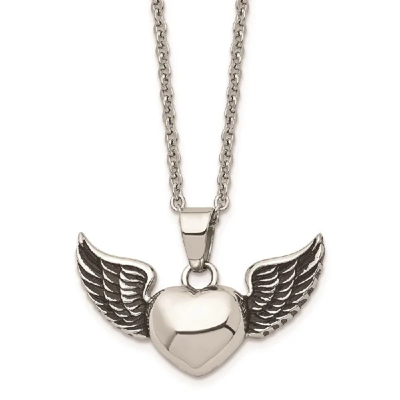 Best necklaces and pendants with zodiac signs for a celestial, astrology-inspired vibe-Stainless Steel Antiqued and Polished Heart with Wings Necklace