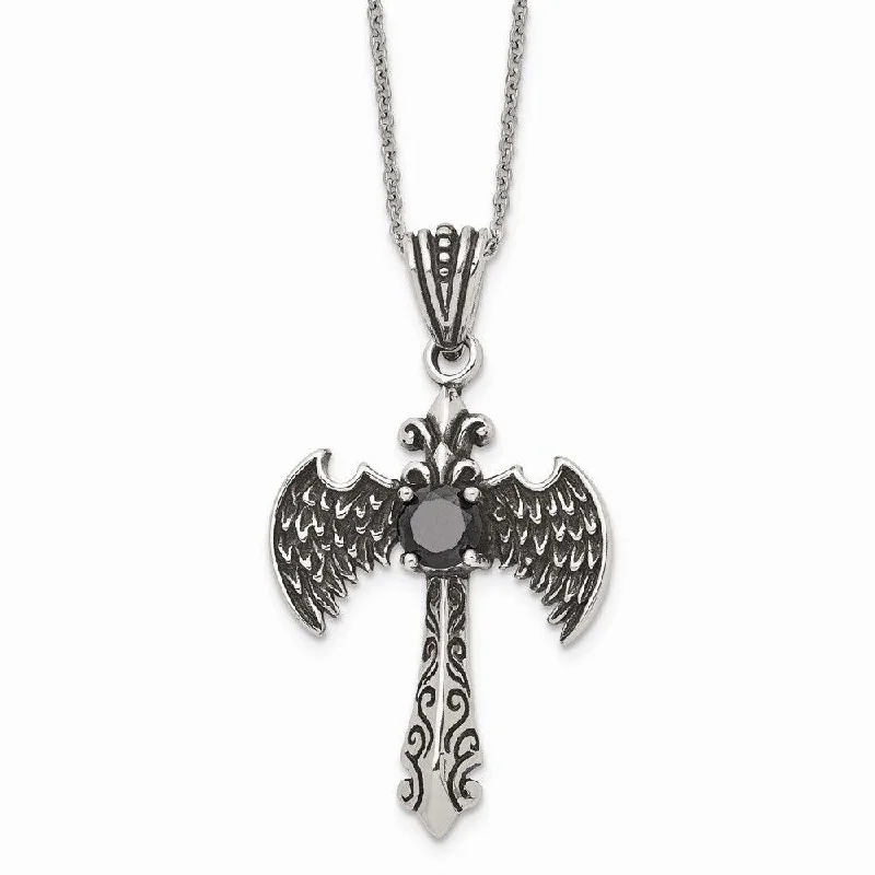 Stunning necklaces and pendants with amethyst gemstones for a calming effect-Stainless Steel Antiqued and Polished w/ Black CZ Cross Necklace