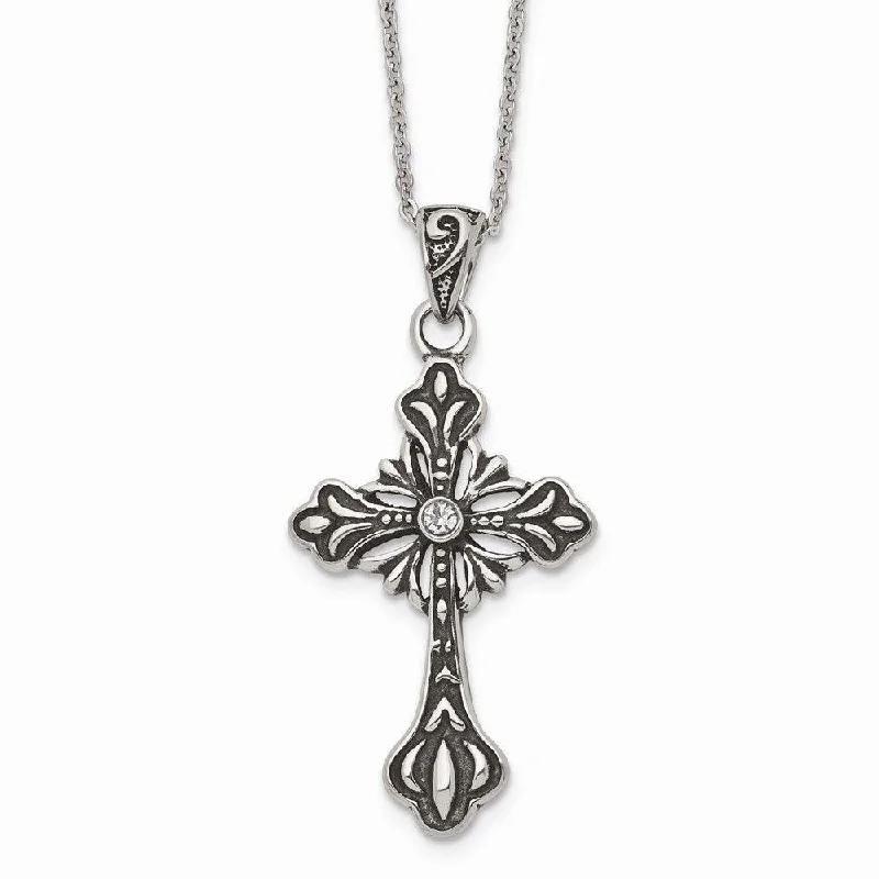 Necklaces and pendants with star-shaped designs for a whimsical, celestial touch-Stainless Steel Antiqued and Polished w/Crystal Cross Necklace