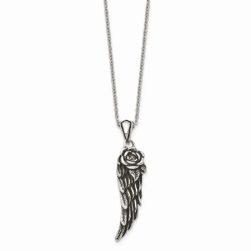 Best necklaces and pendants with layered designs for a chic, stacked look-Stainless Steel Antiqued and Polished with Small Crystal Wing Necklace