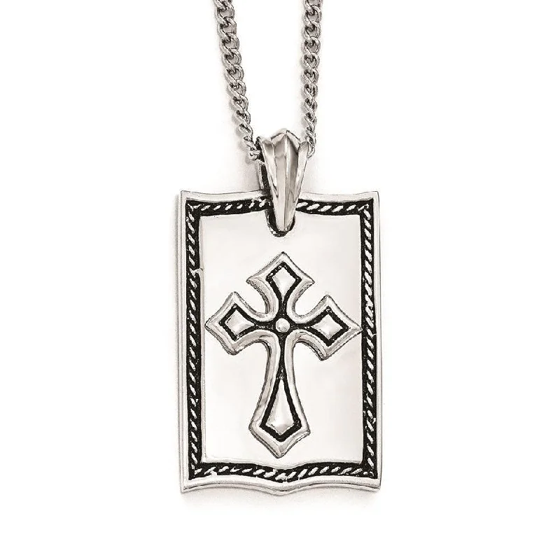 Necklaces and pendants with clear quartz for a pure and radiant look-Stainless Steel Antiqued Cross Dog Tag Necklace