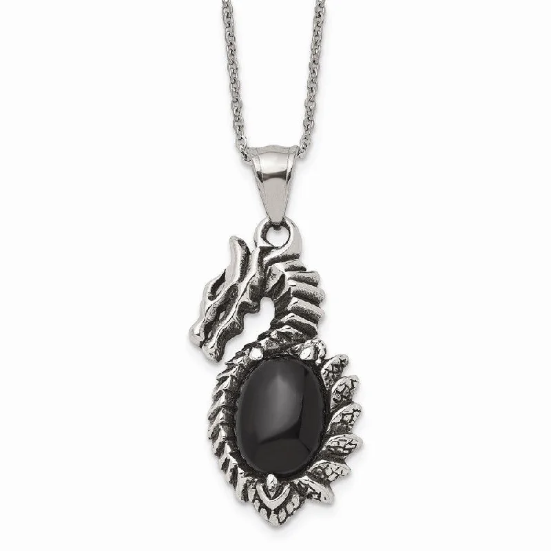 Best necklaces and pendants with vintage lockets for a nostalgic, sentimental look-Stainless Steel Antiqued & Polished w/ Black Glass Dragon Necklace