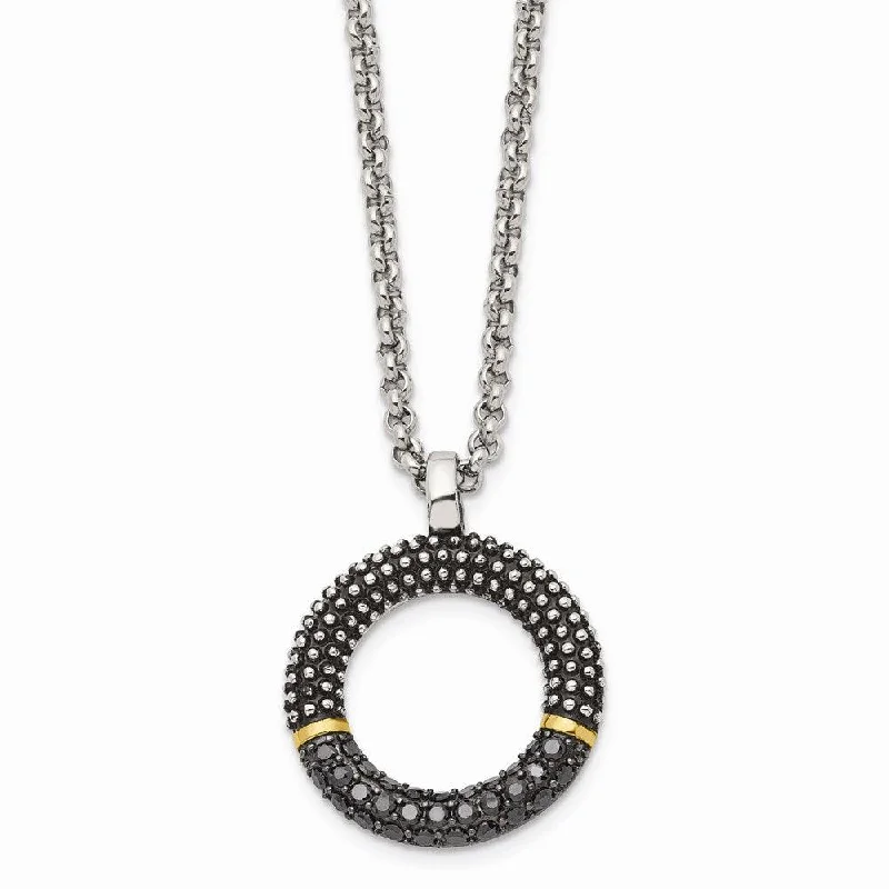 Stunning necklaces and pendants with aquamarine stones for a serene effect-Stainless Steel Black CZ with Yellow IP-plated Antiqued Circle Necklace