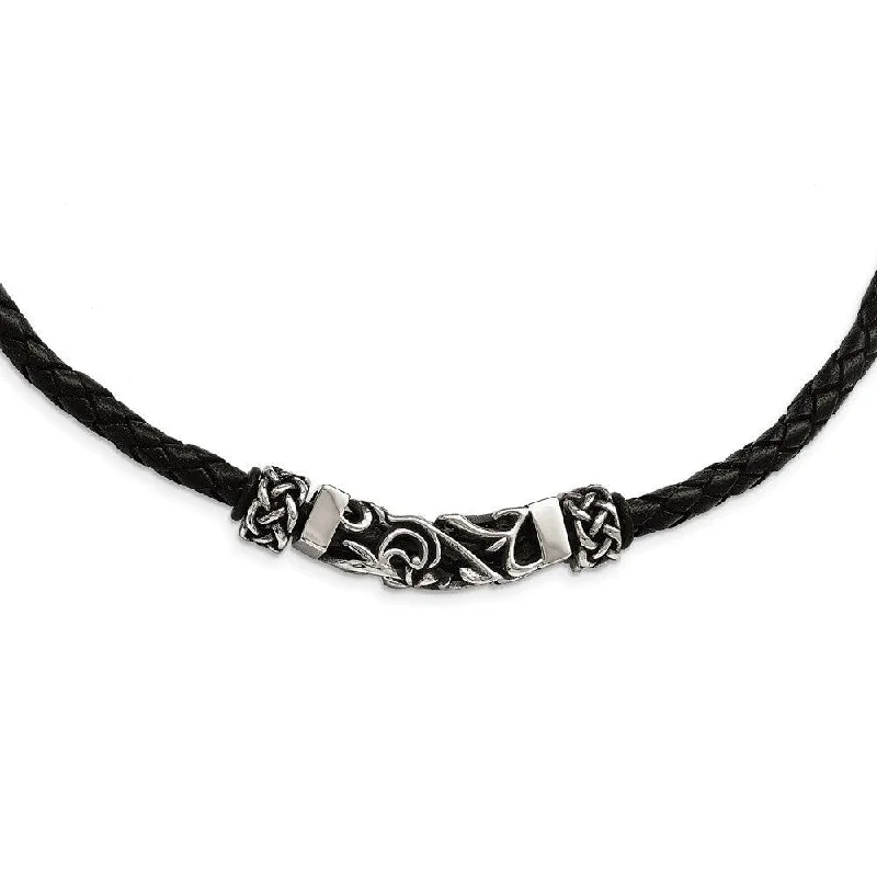 Layered necklaces and pendants for a trendy and fashionable stacked look-Stainless Steel Black Leather w/Antiqued Beads Necklace