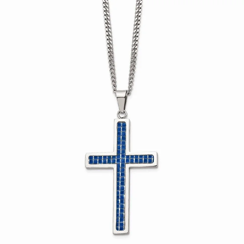 Simple necklaces and pendants with bar pendants for a sleek modern design-Stainless Steel Blue Carbon Fiber Inlay Polished Large Cross Necklace