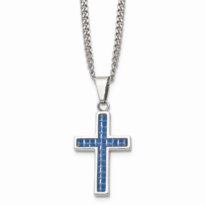 Best necklaces and pendants with rose gold for a warm and romantic appeal-Stainless Steel Blue Carbon Fiber Inlay Polished Small Cross Necklace