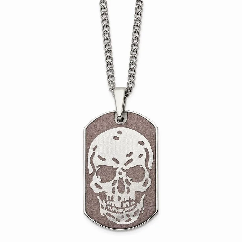 Stunning necklaces and pendants with aquamarine stones for a serene effect-Stainless Steel Brown IP-plated Skull Dog Tag 24in Necklace