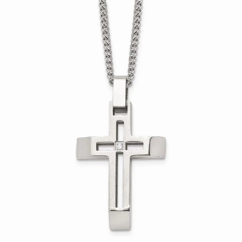 Best necklaces and pendants for weddings with matching designs for bride and groom-Stainless Steel Brushed and Polished Cross with CZ Necklace