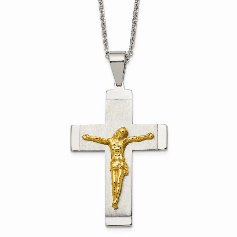 Stunning necklaces and pendants with amethyst gemstones for a calming effect-Stainless Steel Brushed, Polished Yellow IP-plated Crucifix Necklace