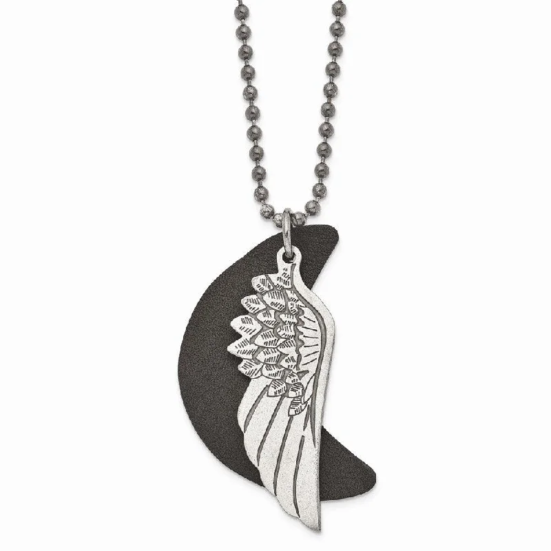 Necklaces and pendants with zodiac constellation designs for an astrological touch-Stainless Steel Brushed Wing with Leather Moon Necklace