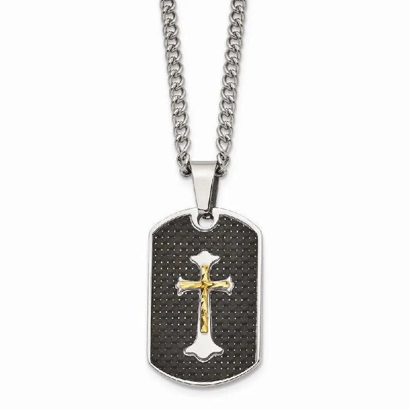 Necklaces and pendants with ocean-inspired designs for a refreshing, beachy feel-Stainless Steel Carbon Fiber Inlay Gold IP-plated D/C Cross Necklace