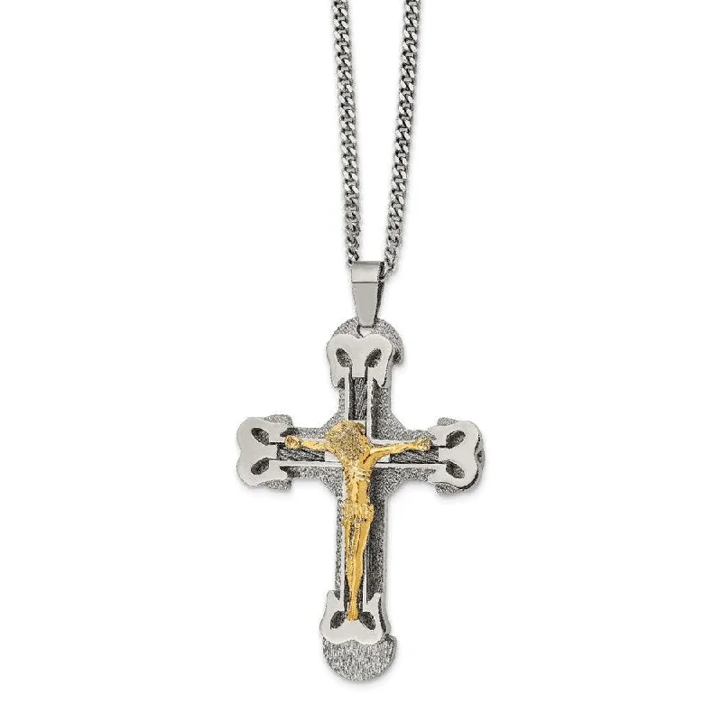 Beautiful necklaces and pendants with moon and star charms for a dreamy effect-Stainless Steel Gold IP w/ Brushed & Polished Cable Cross Necklace