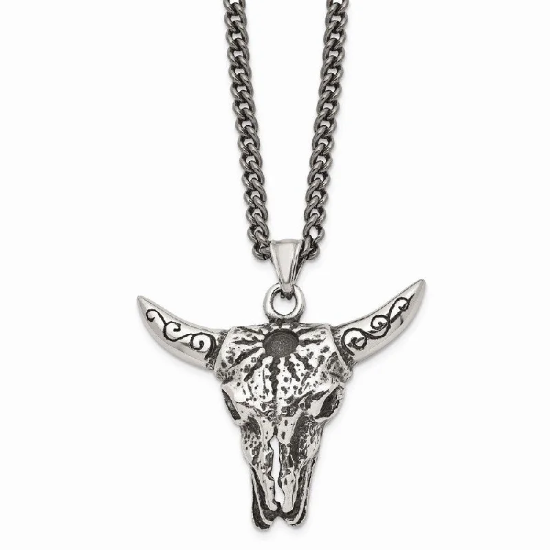 Layered necklaces and pendants for a trendy and fashionable stacked look-Stainless Steel Polished and Antiqued Animal Skull Necklace