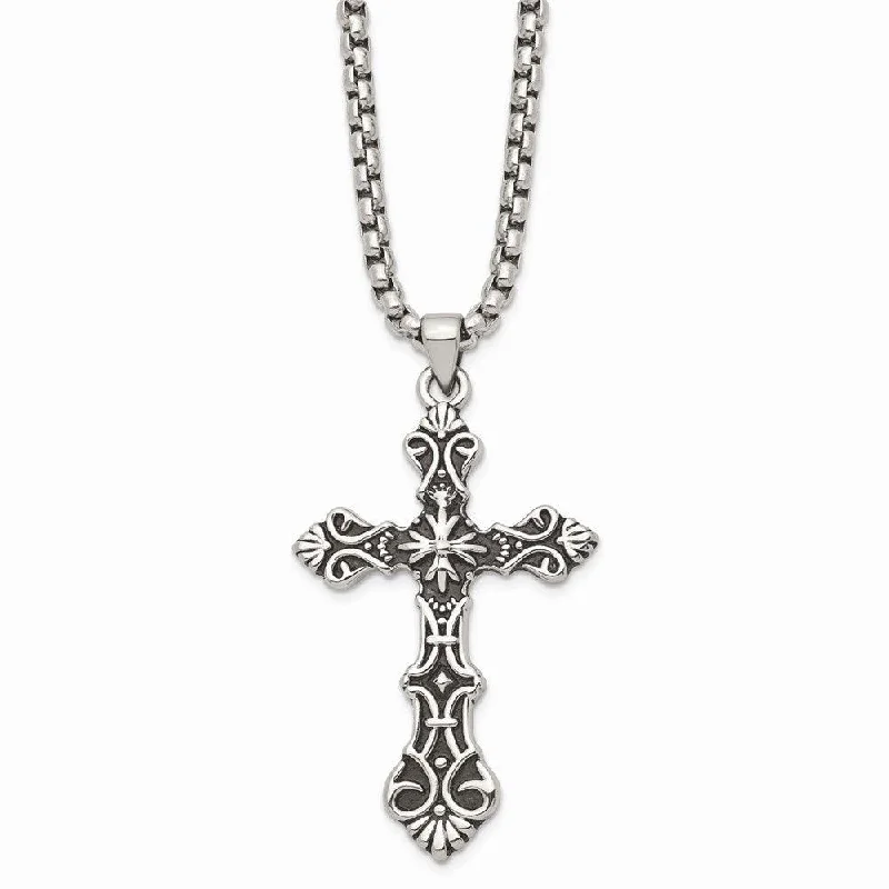 Best necklaces and pendants with opal and gold for a vibrant, luxurious contrast-Stainless Steel Polished and Antiqued Cross Necklace