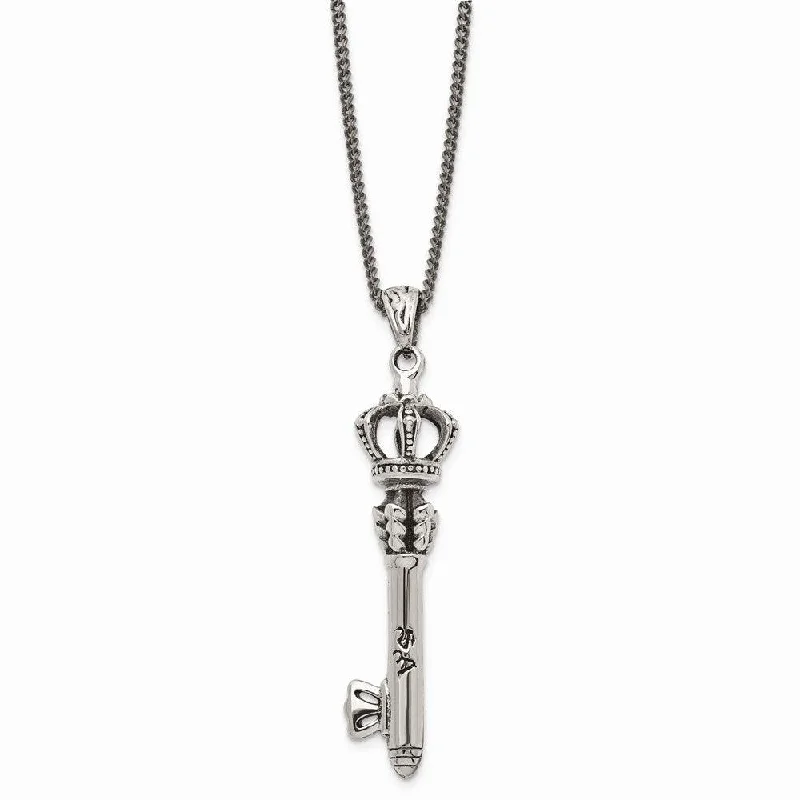 Best necklaces and pendants for weddings with matching designs for bride and groom-Stainless Steel Polished and Antiqued Crown Key Necklace