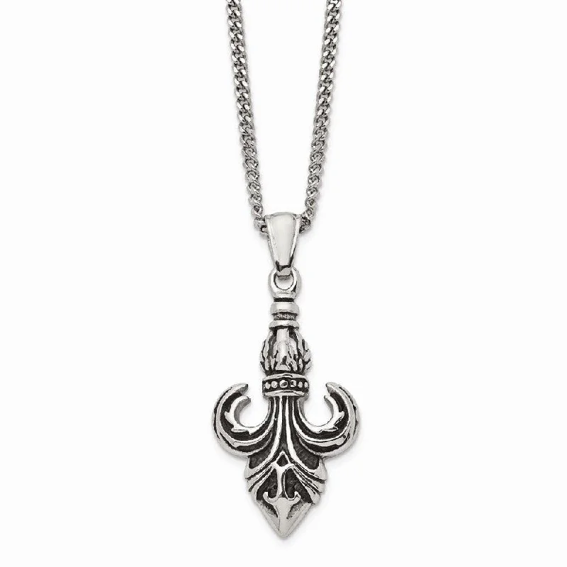 Stylish necklaces and pendants with diamonds for a glamorous and elegant look-Stainless Steel Polished and Antiqued Fleur de Lis Necklace