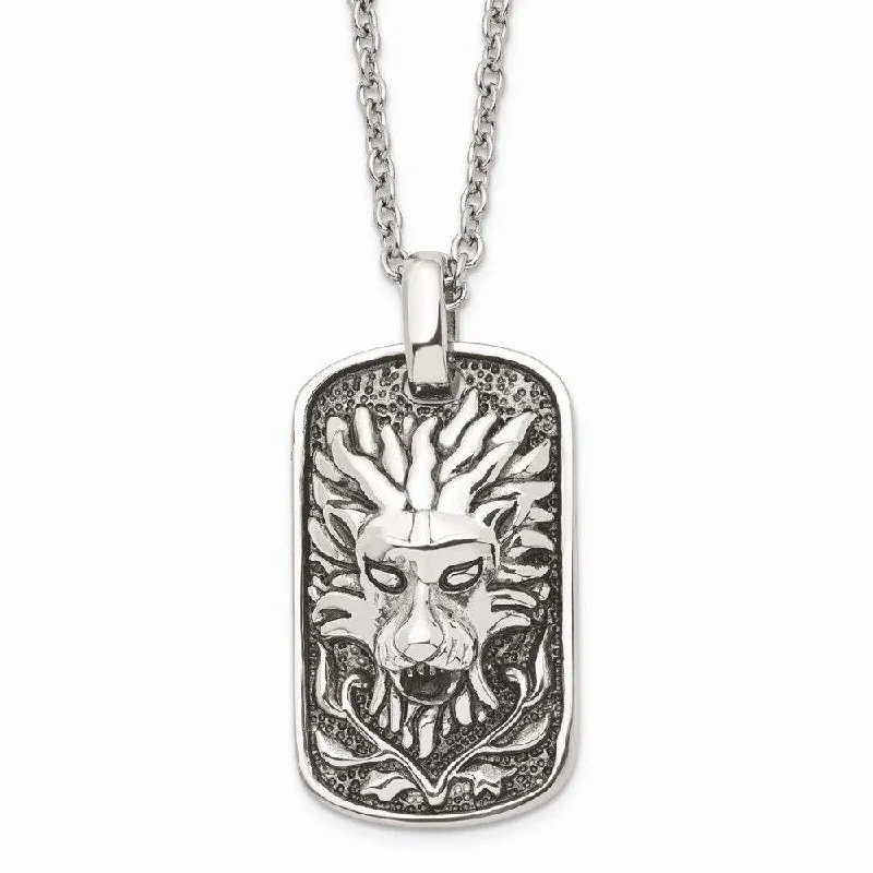 Beautiful necklaces and pendants with moonstone for an ethereal, mystical appearance-Stainless Steel Polished and Antiqued Lion Dog Tag Necklace