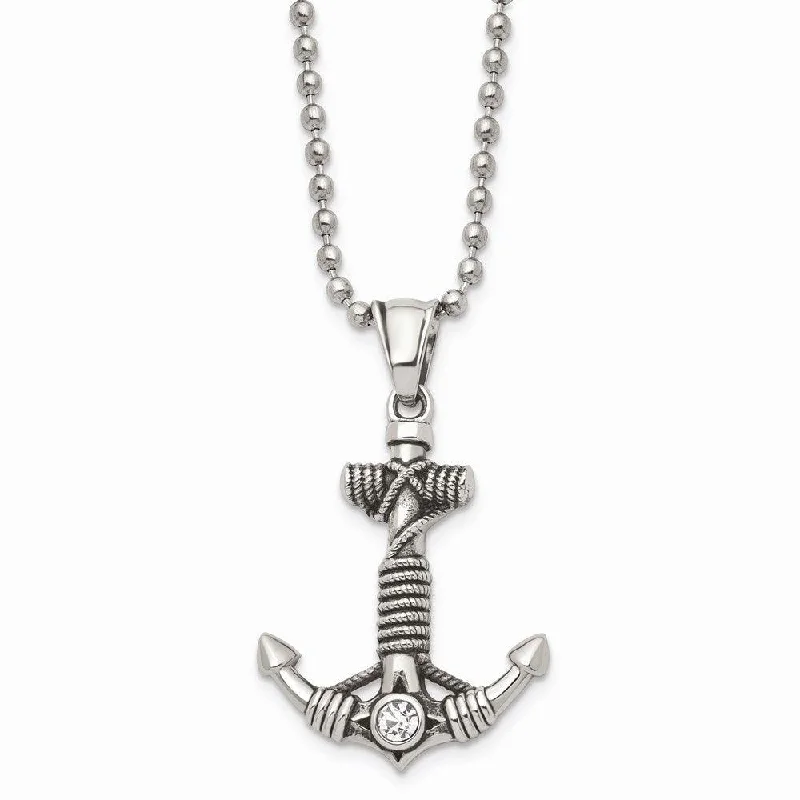 Beautiful necklaces and pendants with geometric shapes for a modern, artistic design-Stainless Steel Polished and Antiqued w/ CZ Anchor Necklace