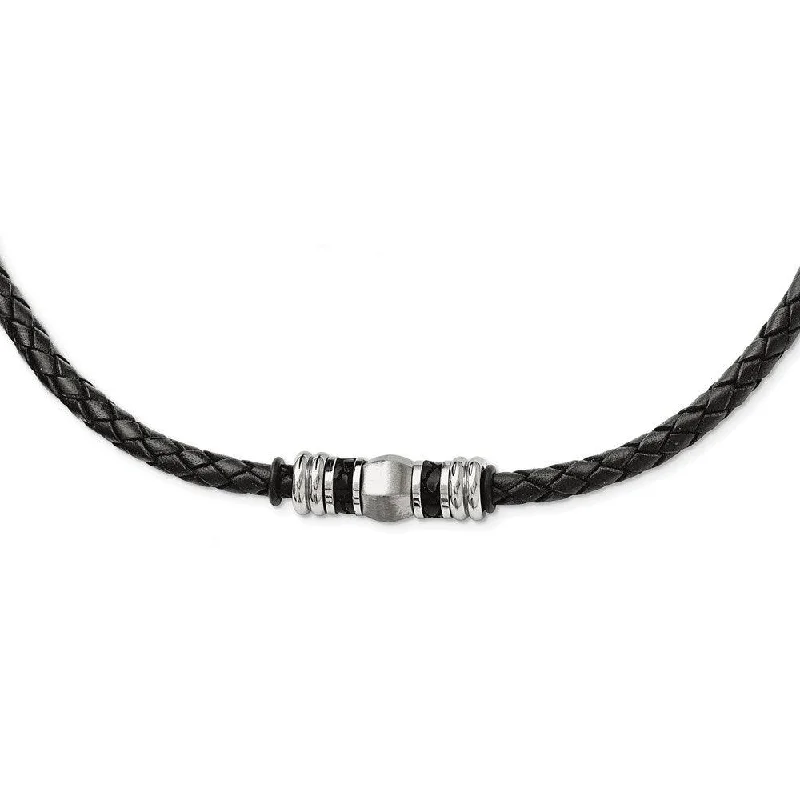 Trendy necklaces and pendants with statement pieces for a bold fashion statement-Stainless Steel Polished and Brushed Black Leather & Rubber Necklace