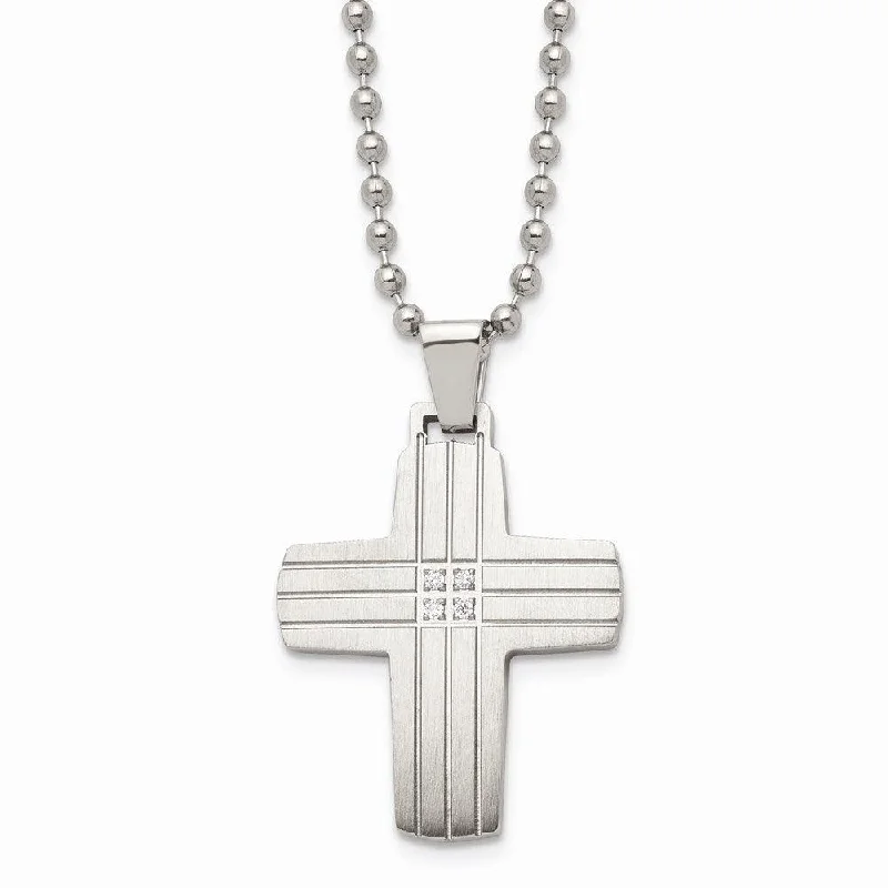 Trendy necklaces and pendants with statement pieces for a bold fashion statement-Stainless Steel Polished and Brushed CZ Cross Necklace