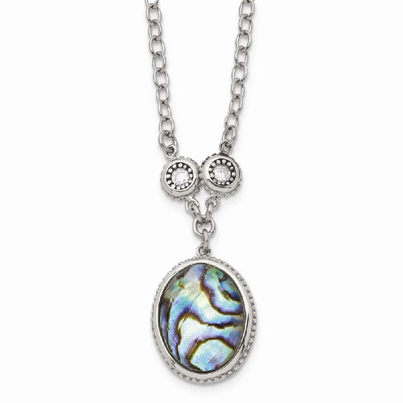 Personalized necklaces and pendants with name engravings for a custom touch-Stainless Steel Polished/Antiqued Imitation Abalone/CZw/1.5in ext. Necklac