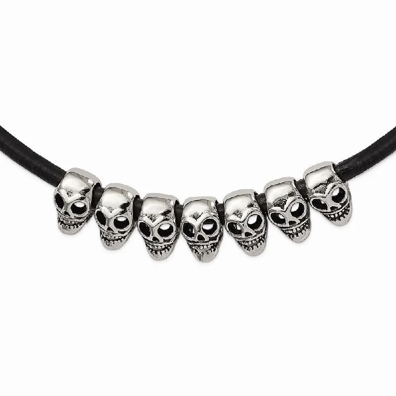 Best necklaces and pendants with rose gold for a warm and romantic appeal-Stainless Steel Polished/Antiqued Skulls Black Leather Cord Necklace