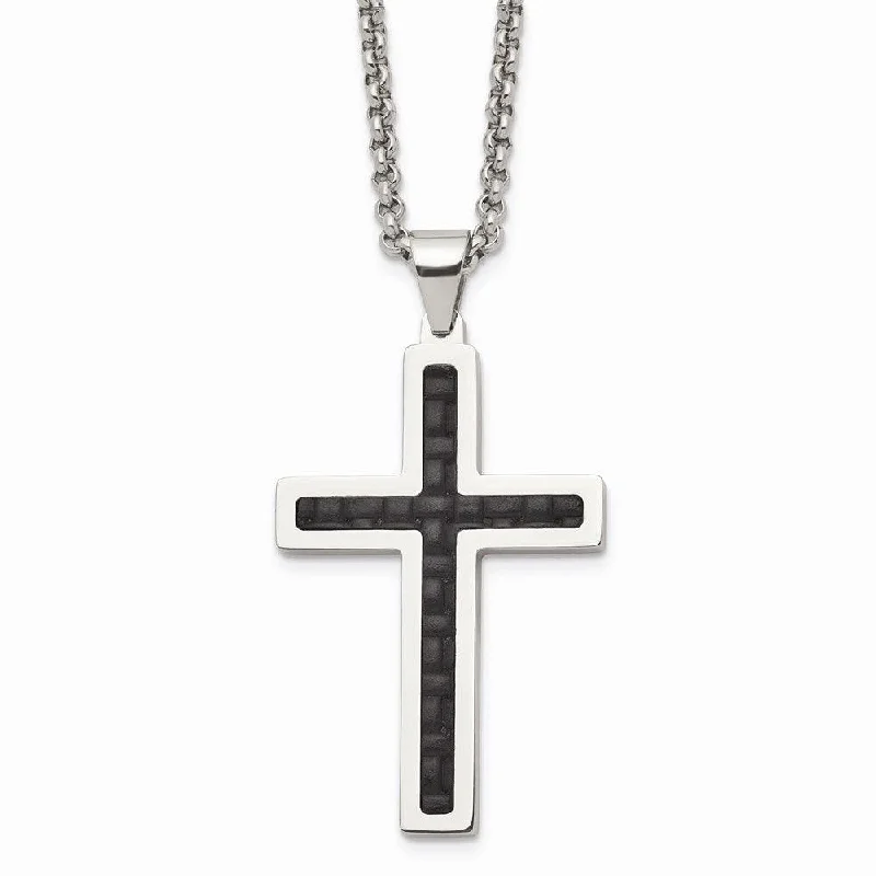 Elegant necklaces and pendants with diamond accents for added sparkle-Stainless Steel Polished Black Genuine Leather Inlay Cross Necklace