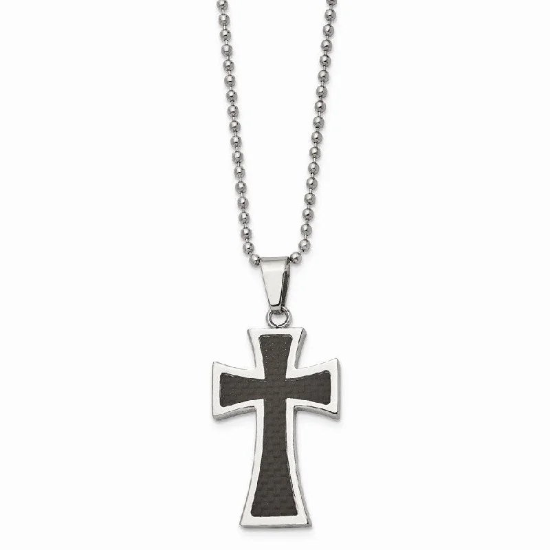 Best necklaces and pendants with emerald gemstones for a rich, sophisticated design-Stainless Steel Polished Carbon Fiber Inlay 22in Cross Necklace