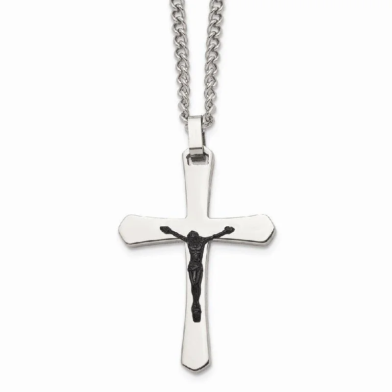 Necklaces and pendants with celestial starburst designs for a radiant look-Stainless Steel Polished Cross w/Black IP Jesus Necklace