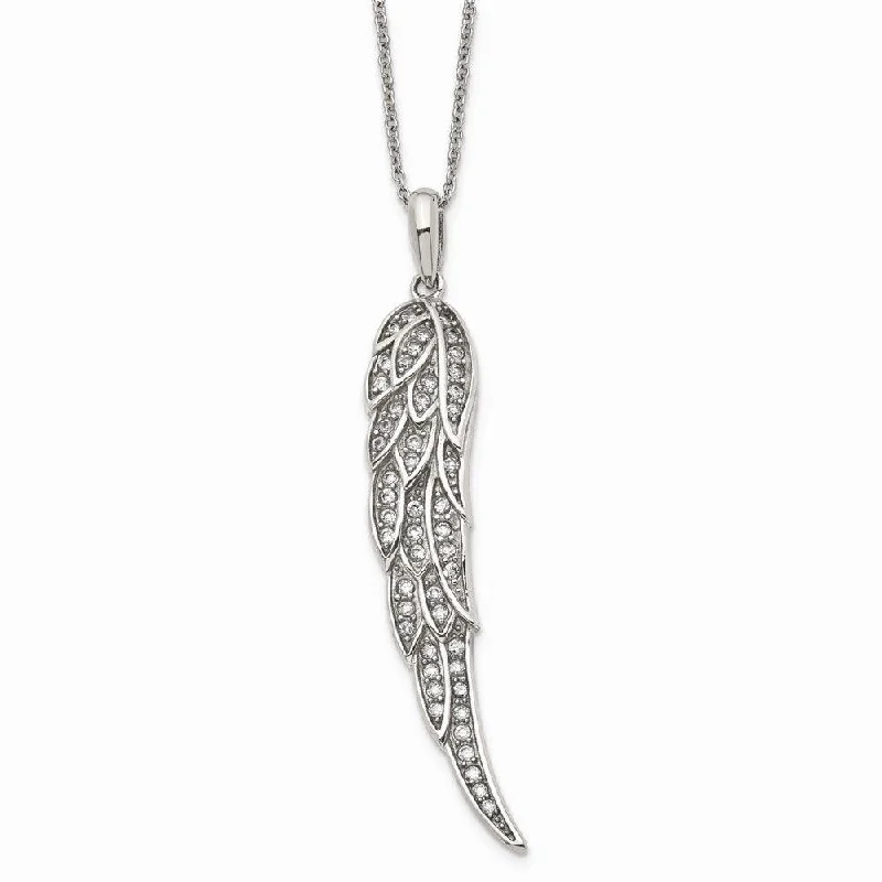 Elegant necklaces and pendants with infinity symbols for timeless designs-Stainless Steel Polished CZ Wing Pendant with 2in extension Necklace